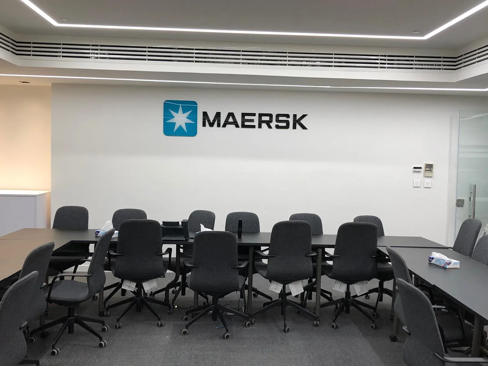 Maersk 3D logo sign installed above a corporate meeting room — 3D Built-Up Letters example for Upminster RM14
