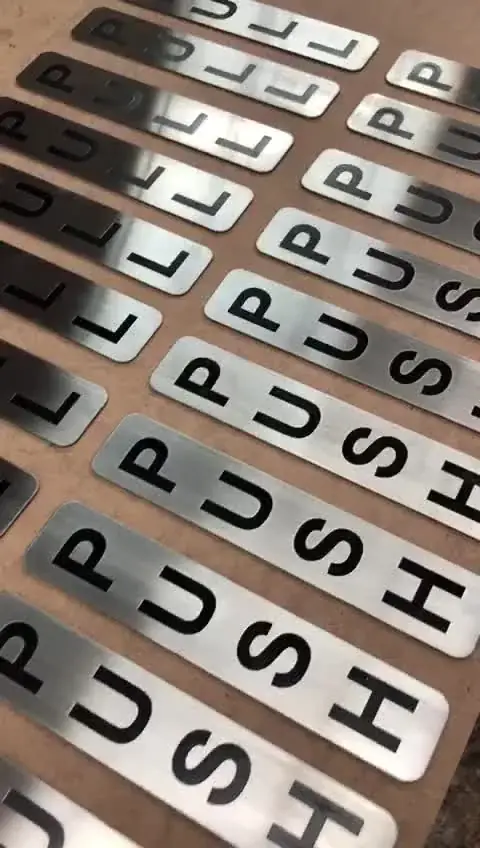 Metallic push door sign quality detail from the 3D Built-Up Letters project video — 3D Built-Up Letters example for Bow E3