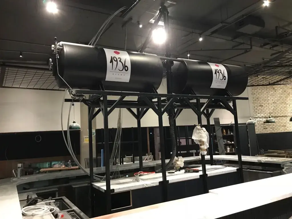 Installation progress view of a 1936 Bière branded beer tank, gallery image 25