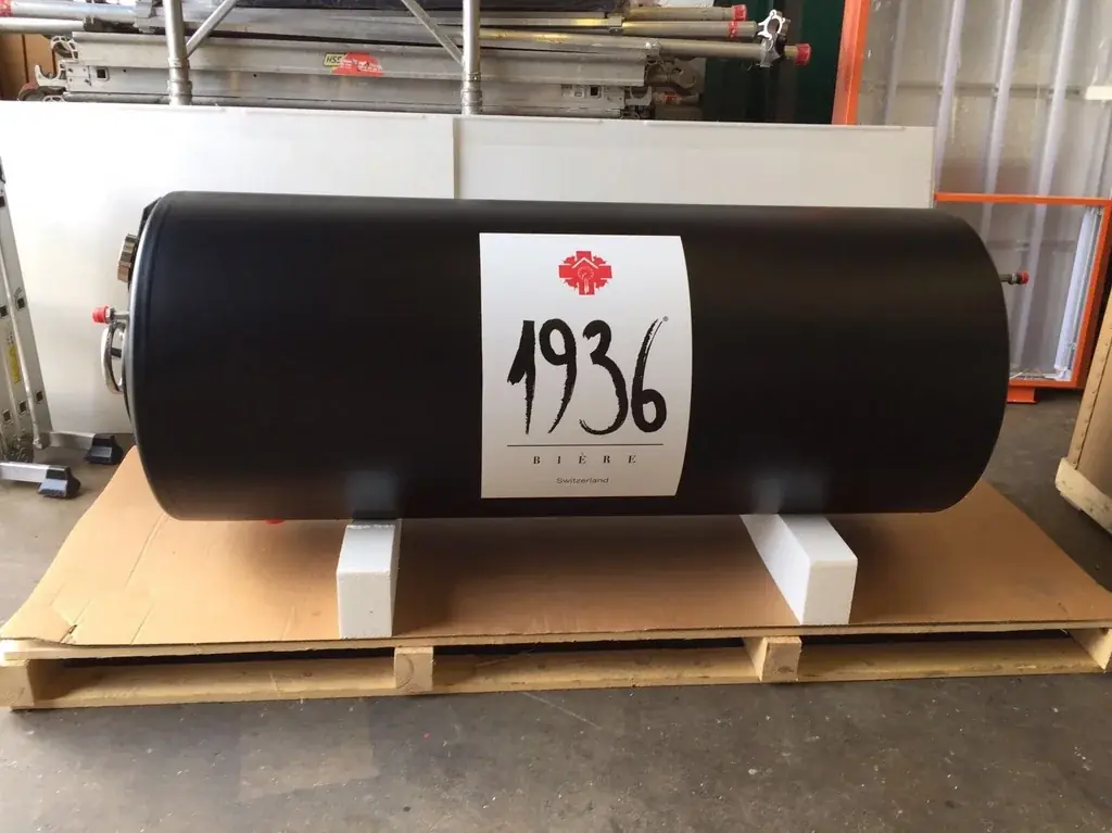 Black beer tank with a large 1936 Bière branding panel in the workshop, gallery image 16