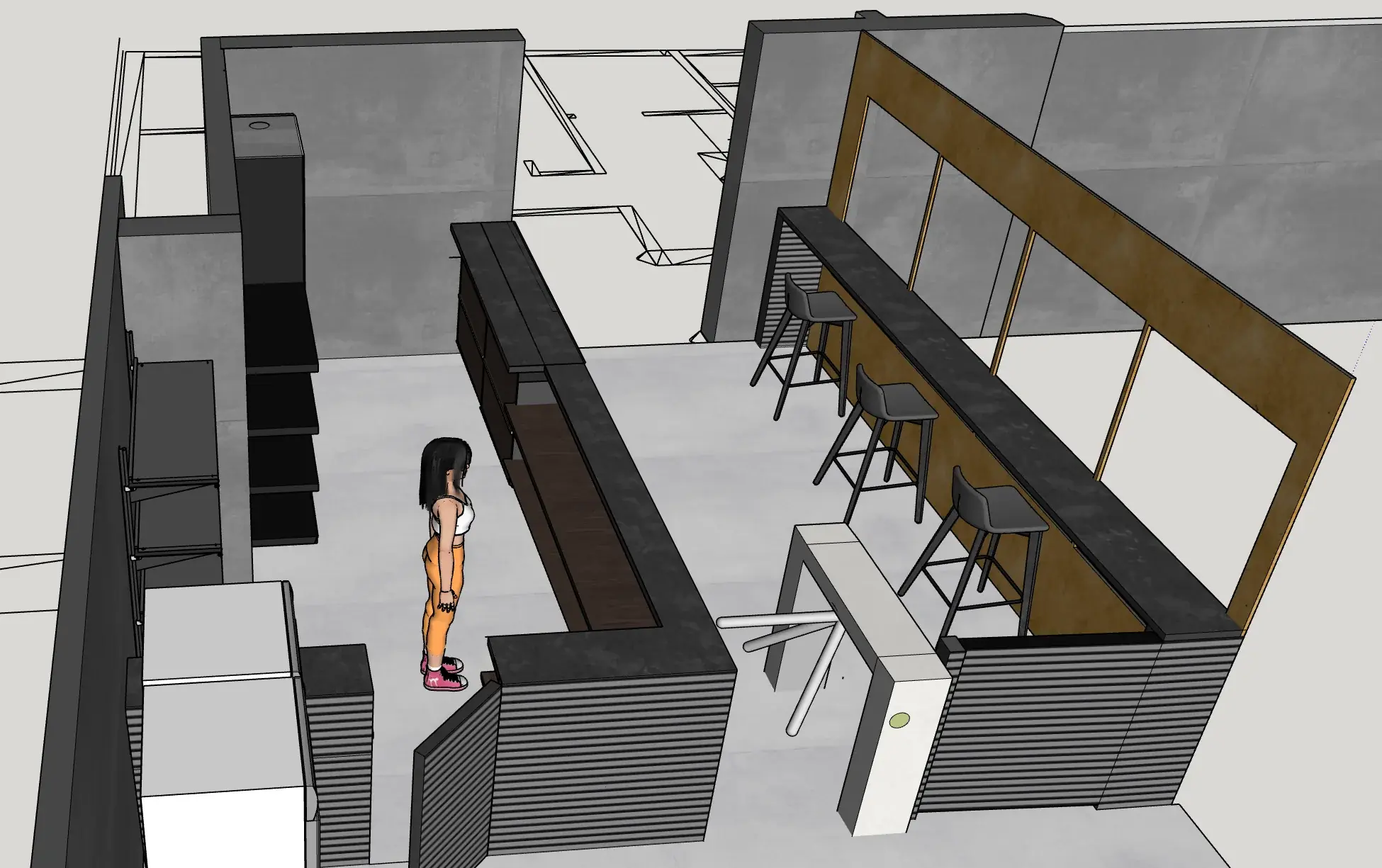 Detailed 3D design view of the Kings Gym counter, turnstile and feature seating wall