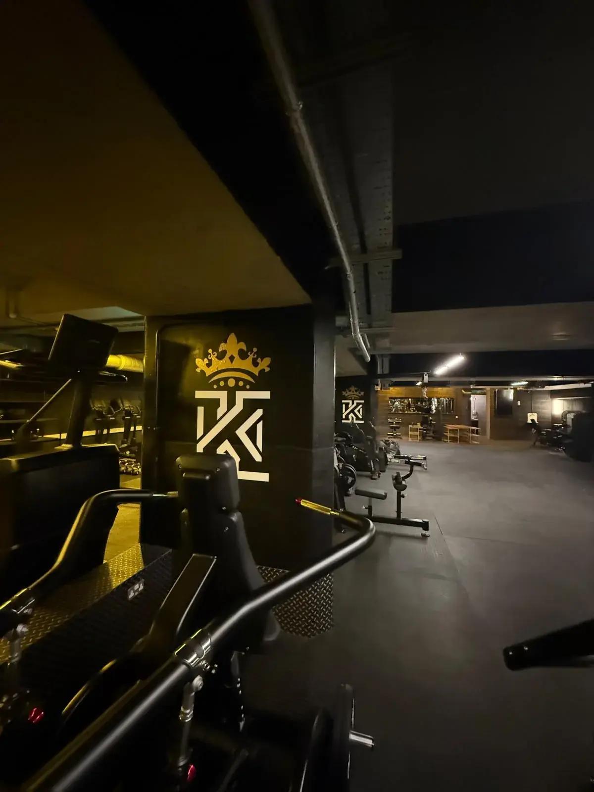 Kings Gym crown and K graphics viewed across the dark finished training floor