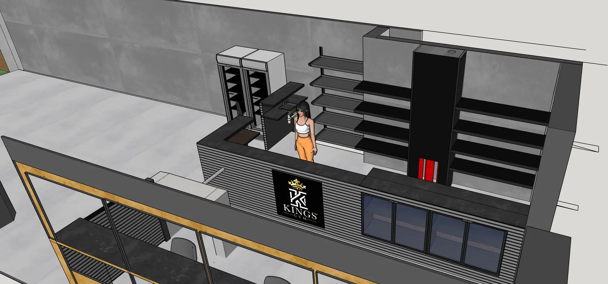 Early 3D visual showing the Kings Gym reception counter, storage, shelving and branded front panel