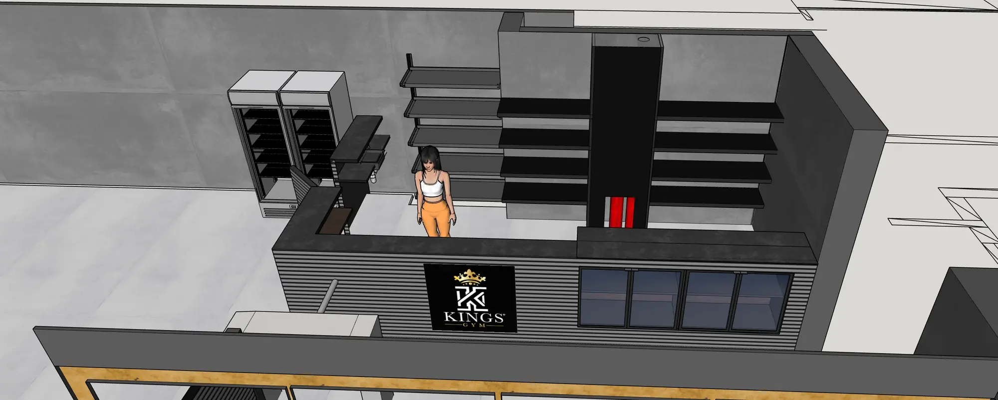 Front-facing 3D design view of the Kings Gym reception and staff work area