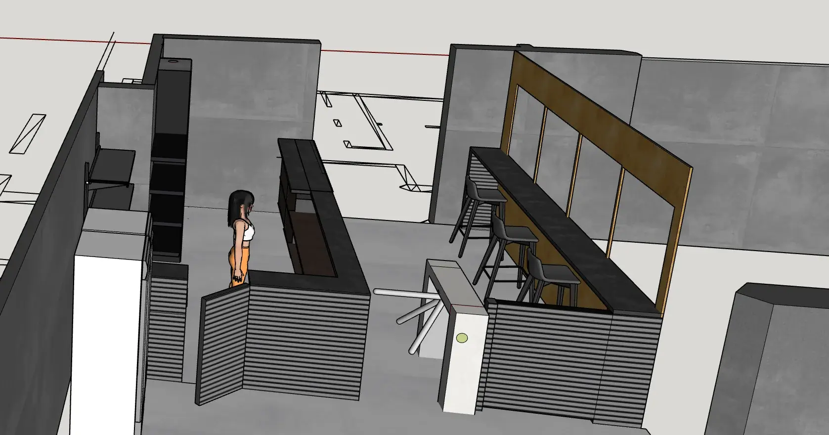3D spatial visual showing the proposed Kings Gym entrance turnstile, counter and bar seating
