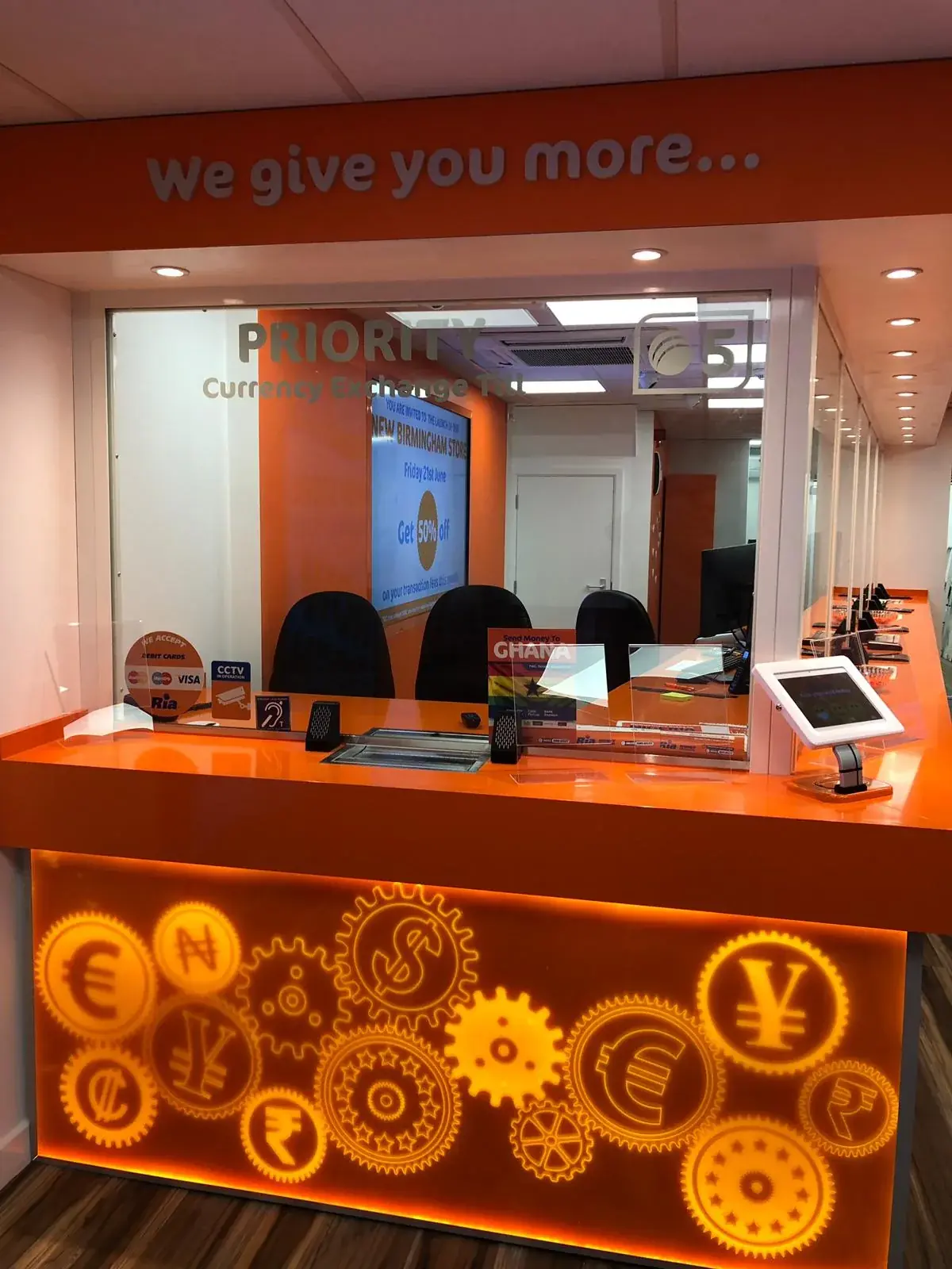 Ria service counter under construction with glass screens and work lighting