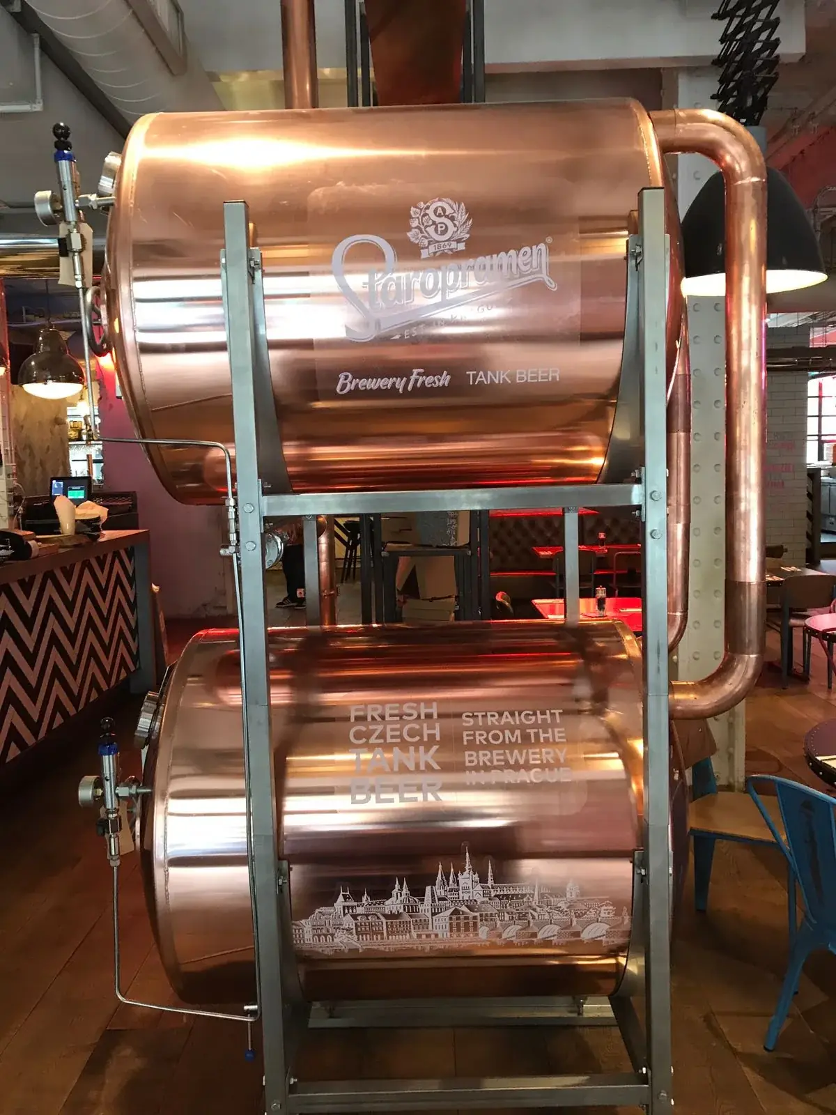 Front view of Staropramen branding across two copper tanks, gallery image 39