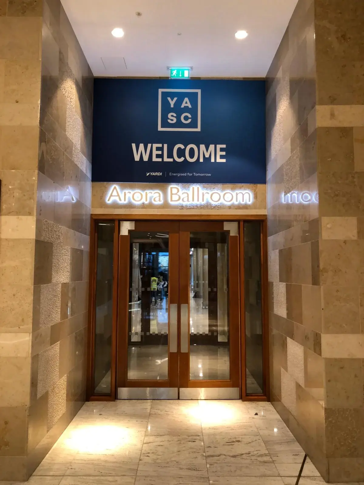 YASC welcome board installed over the Arora Ballroom entrance