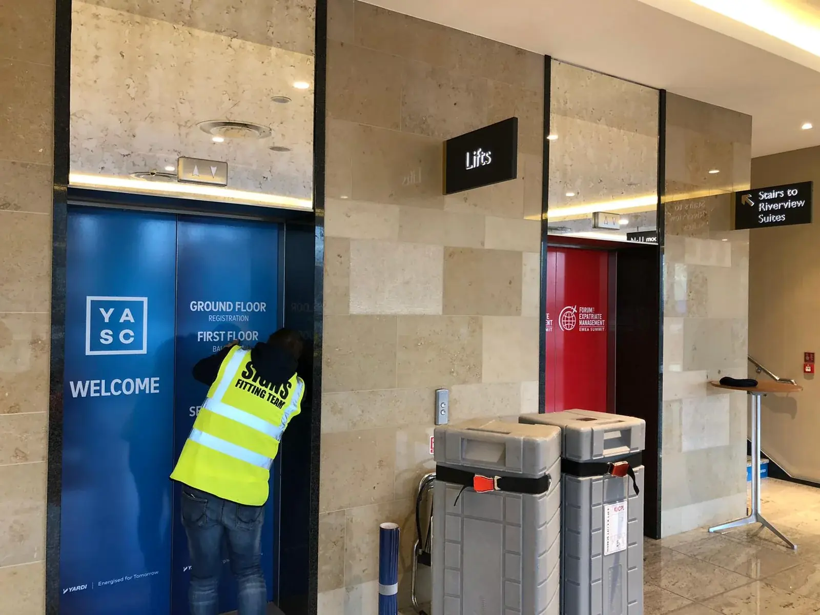 YASC interior welcome board installed beside venue escalators