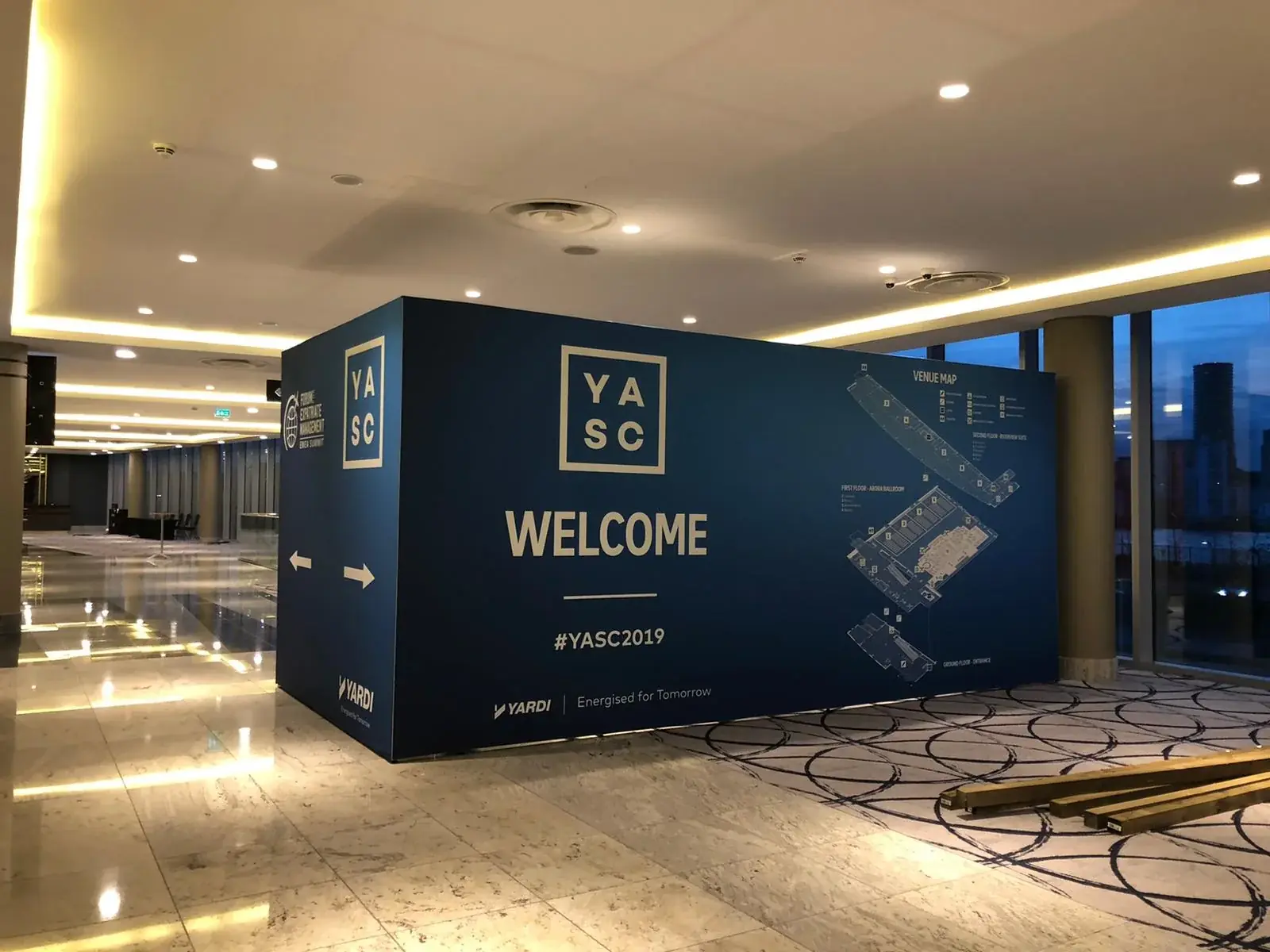 YASC 2019 Dibond board graphics with a welcome message and conference venue map