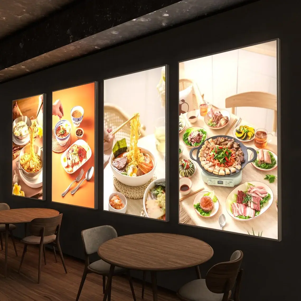 Large illuminated food display light boxes installed above restaurant dining tables — Display Light Boxes example for Fitzrovia W1T/W1W