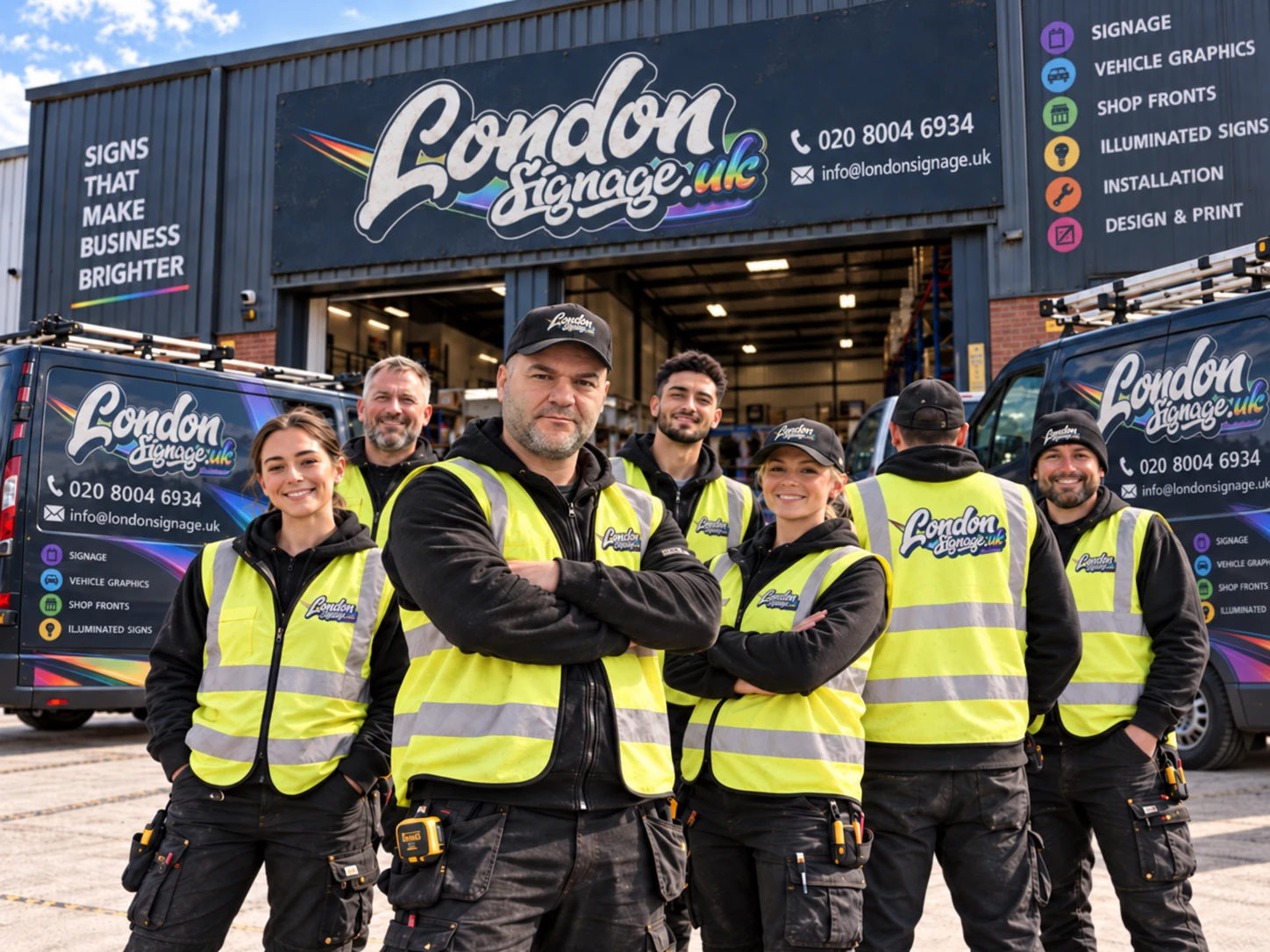 The London Signage team in hi-vis jackets standing together outside the East London workshop, with branded vans either side