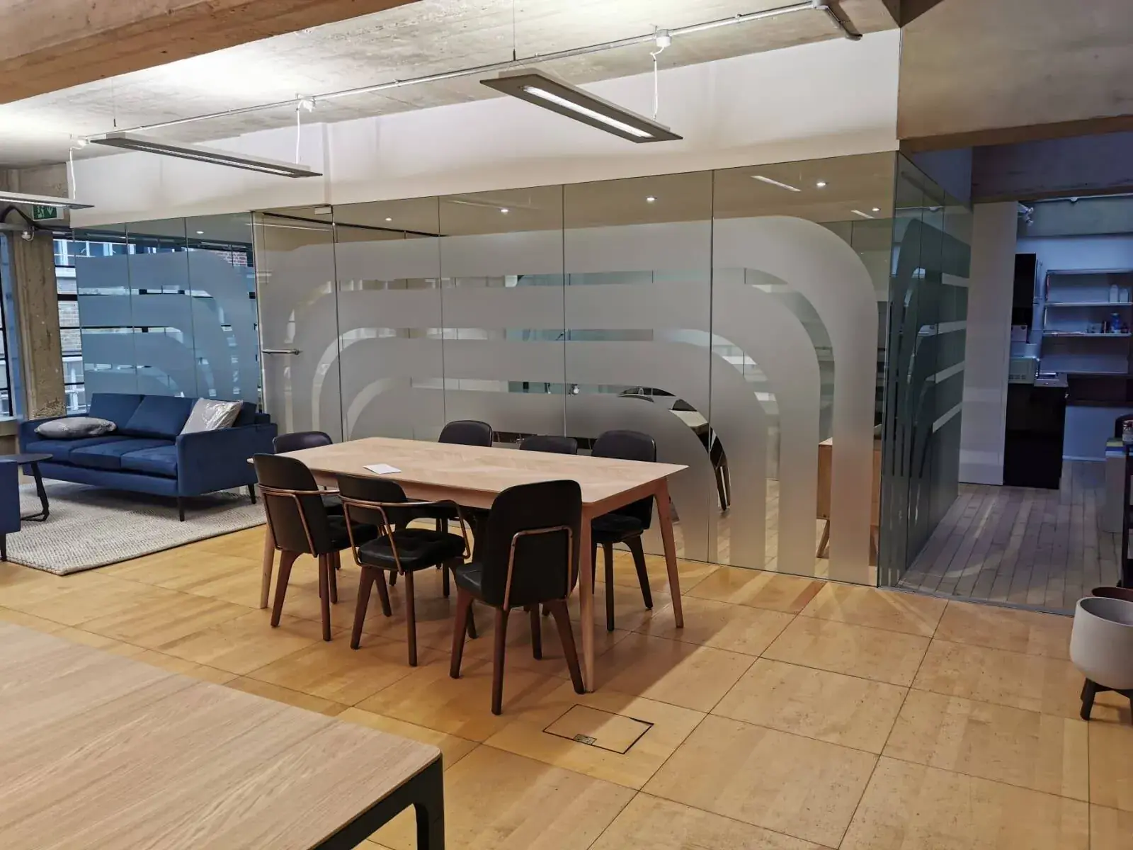 Frosted privacy film applied in bands across office glazing — Window Graphics example for Central London