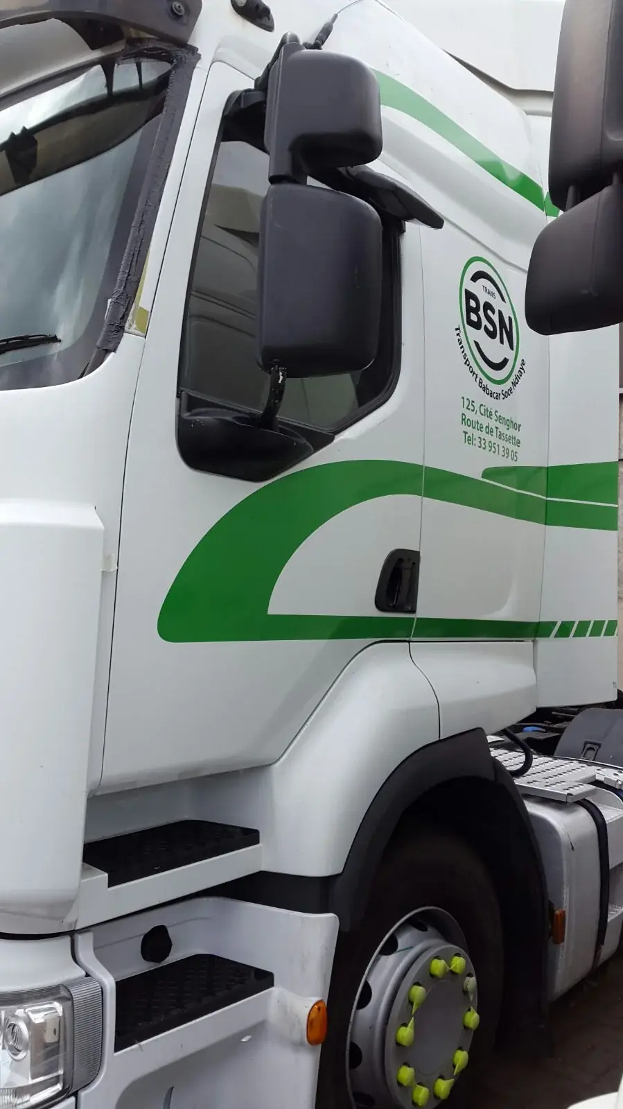 Close view of the BSN truck door logo and green vinyl stripe detail — Truck & Lorry Graphics example for Bexleyheath DA6/DA7