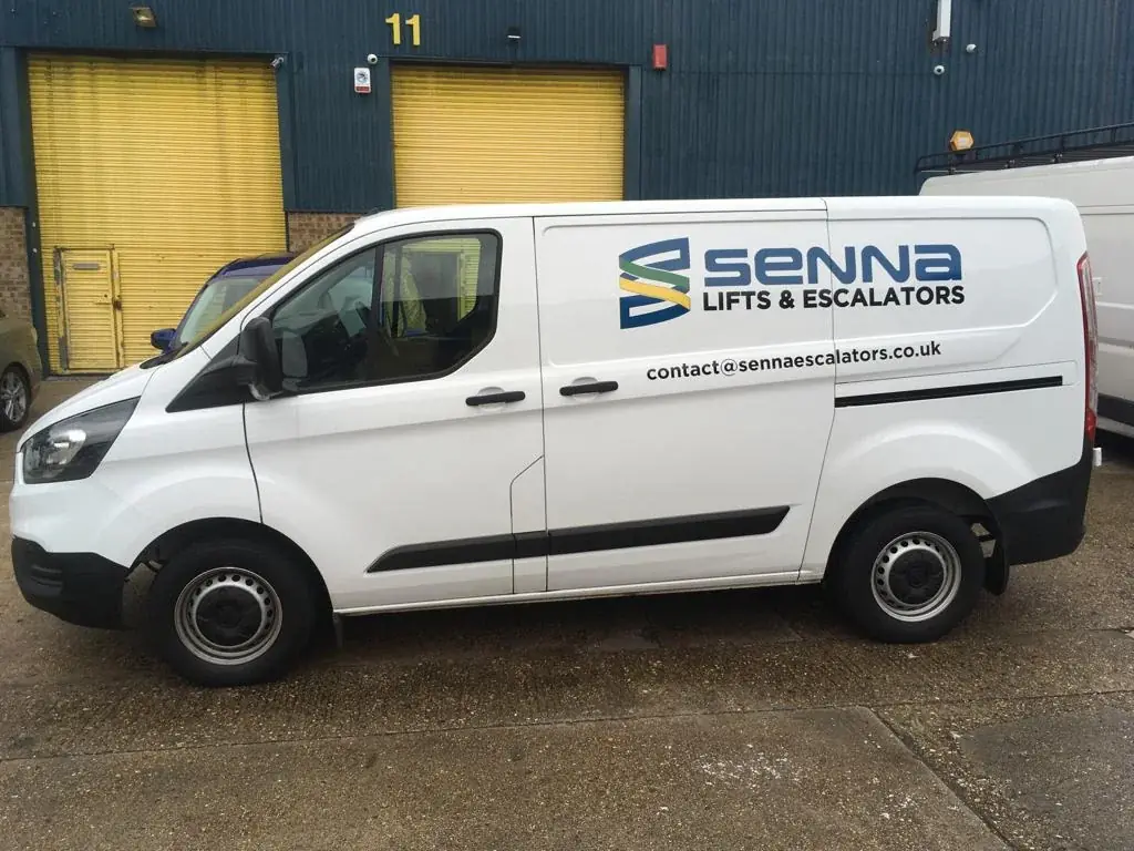 Senna Lift and Escalators van graphics applied to the left side — Van Graphics example for Westminster SW1