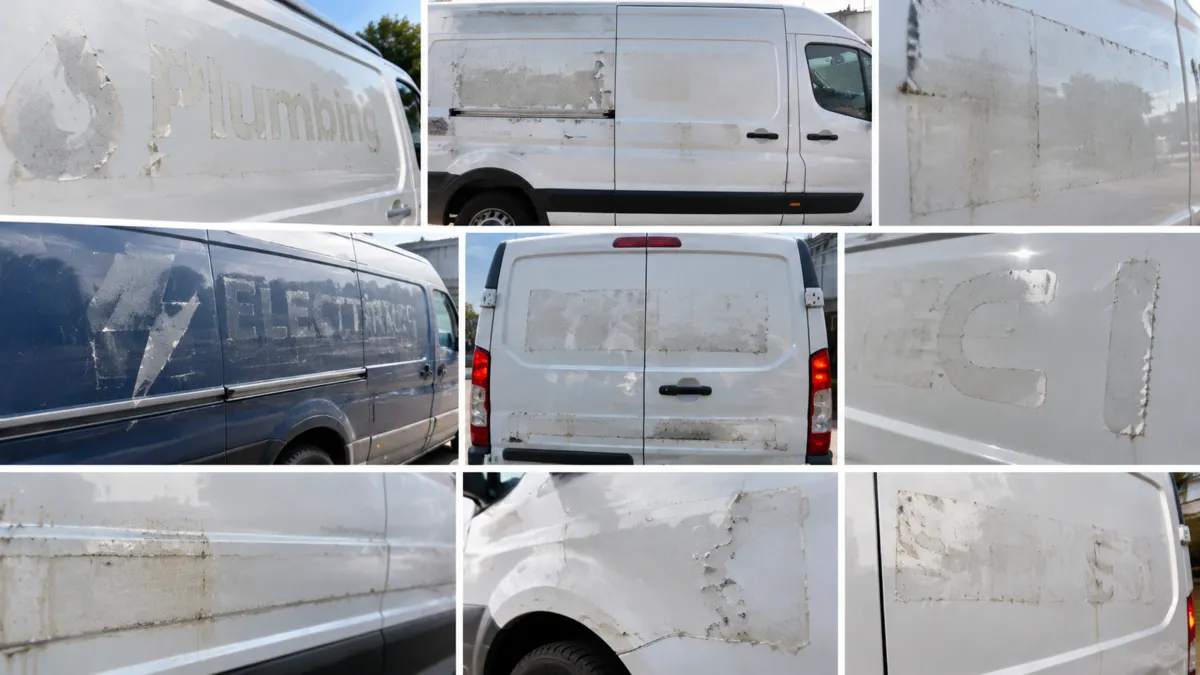 Collage of vans with old lettering outlines, glue marks and remaining decal adhesive