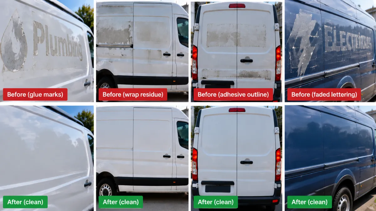 Supplied comparison showing van panels with decal residue above and cleaned panels below