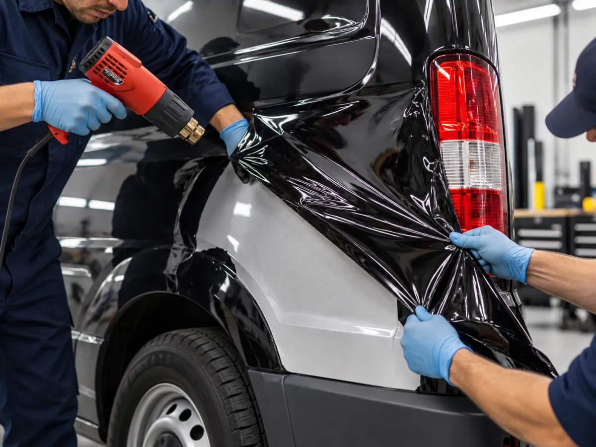 Close-up of black vinyl being peeled back around a van rear wheel arch and tail light