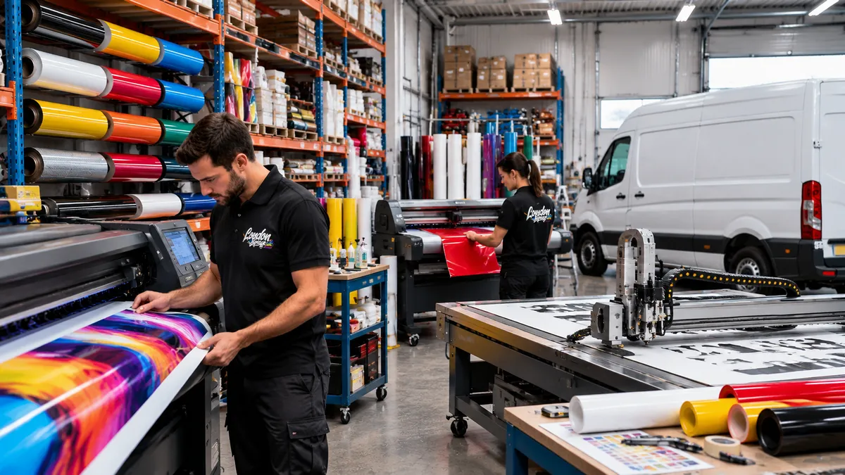 Signage workshop with vinyl printing, cutting equipment, rolls of coloured film and a white van