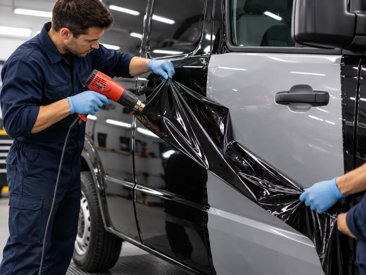 Black vehicle wrap being lifted from a van door using controlled heat