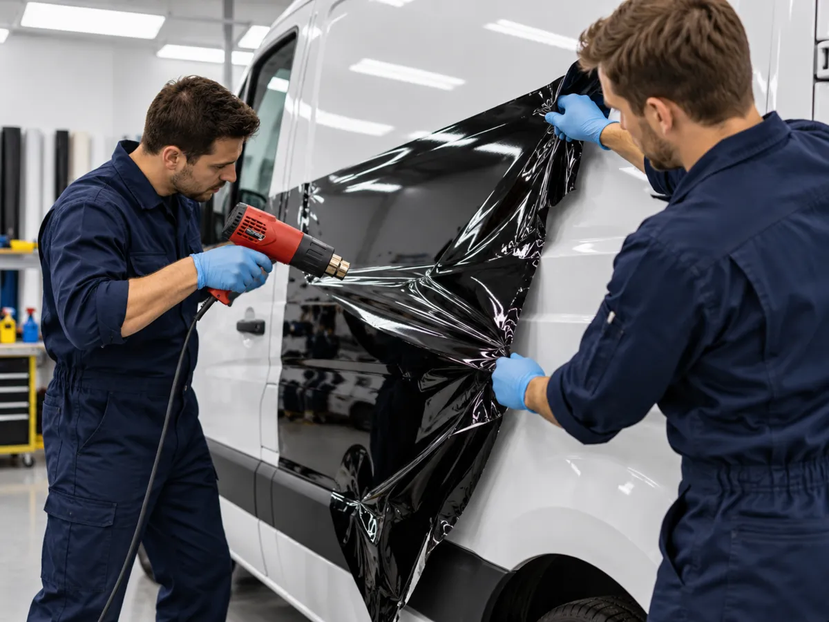 Two technicians lifting black vinyl from a white van side panel with a heat gun