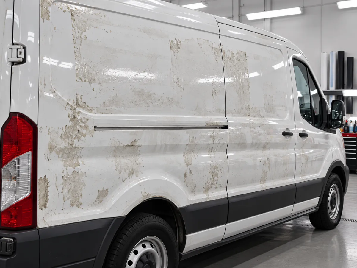 White van side panels covered in adhesive residue after the vinyl graphics have been removed