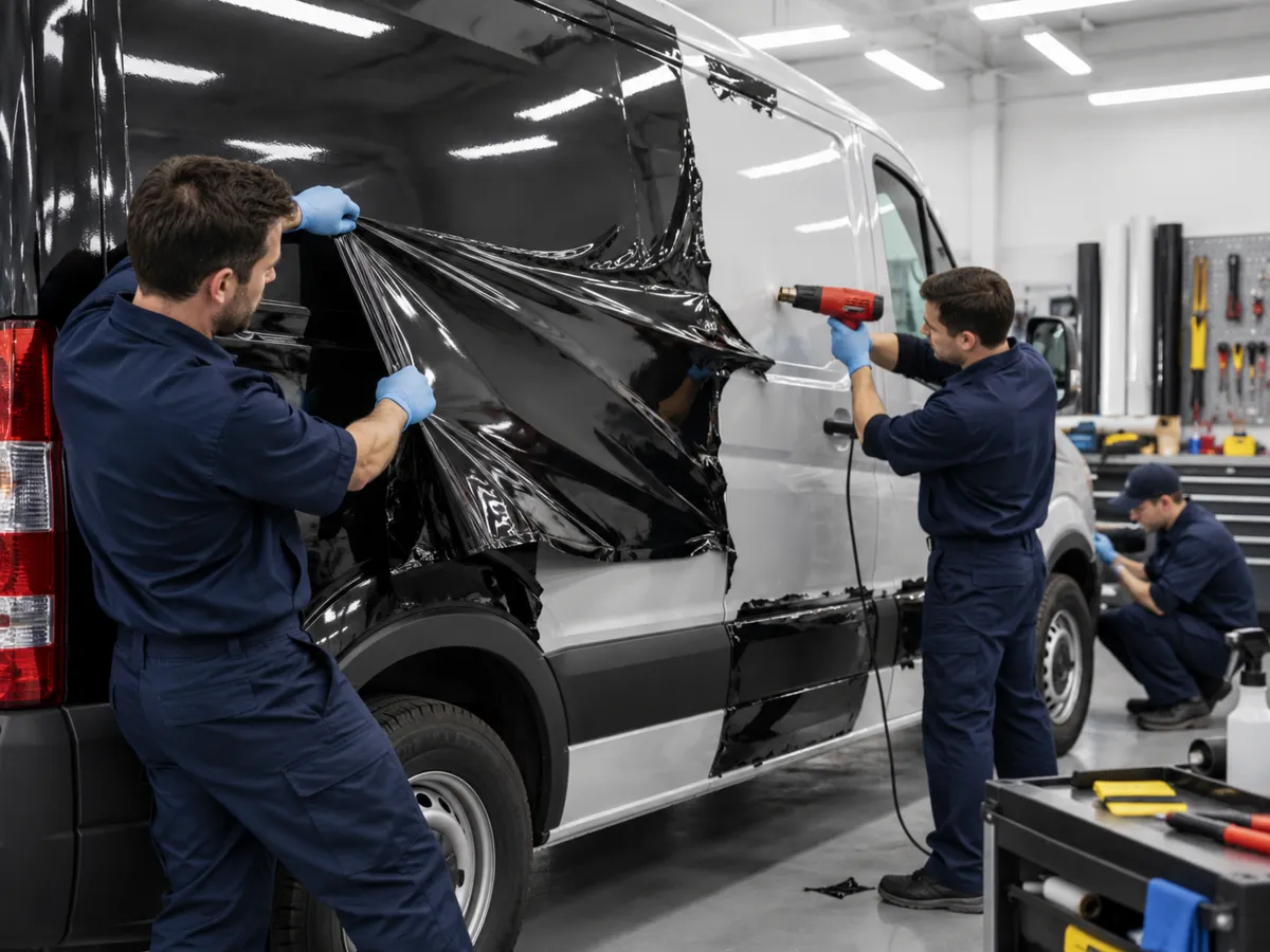 Workshop view of technicians removing black wrap from the side of a white van