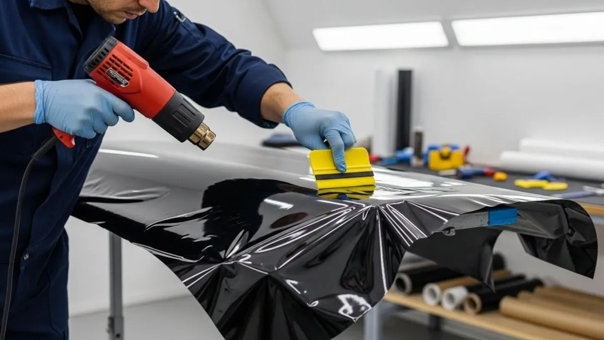 Technician working black vinyl over a panel with a heat gun and yellow squeegee