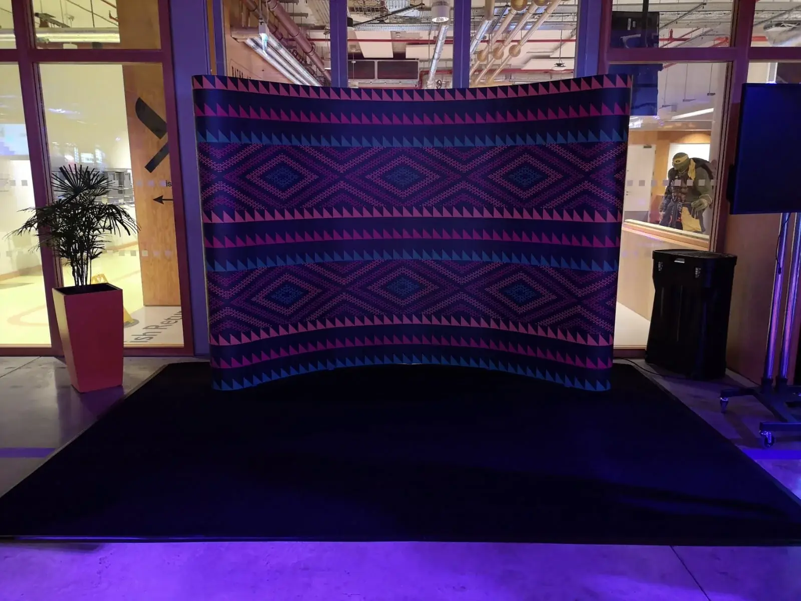 Front view of the Black London patterned step-and-repeat photography backdrop